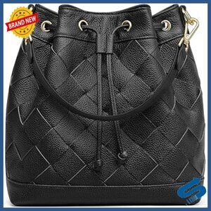 Leather Bucket Bag with Drawstring Closure and 2 Interchangeable Straps